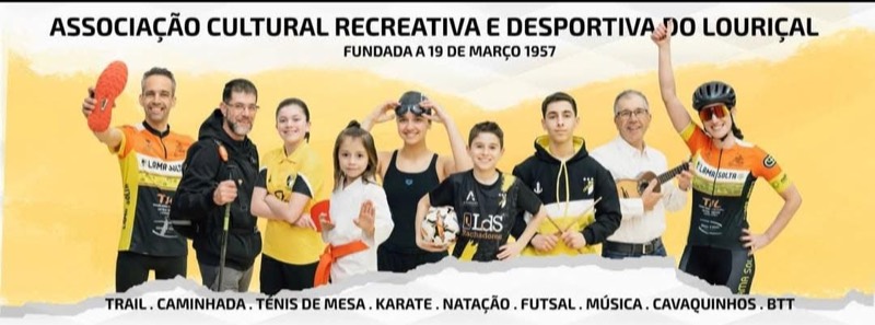 Cartaz da Associação Cultural, Recreativa e Desportiva do Louriçal, sobre fundo amarelo: nove sócios lado a lado, dos mais novos aos mais velhos, cada um com o equipamento da sua modalidade, entre ciclismo, caminhada, ténis de mesa, karaté, natação, futsal e cavaquinho. Em cima, o nome da associação e a data de fundação; em baixo, a lista das modalidades.